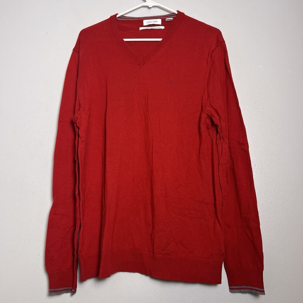 Calvin Klein Men's Europe Merino Wool V Neck Sweater Red Sz L Office Casual